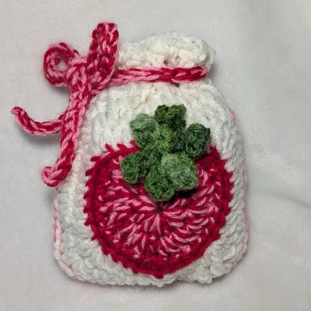 Handmade Crochet Heart Strawberry White Pink Red Green String Pouch Wristlet Bag